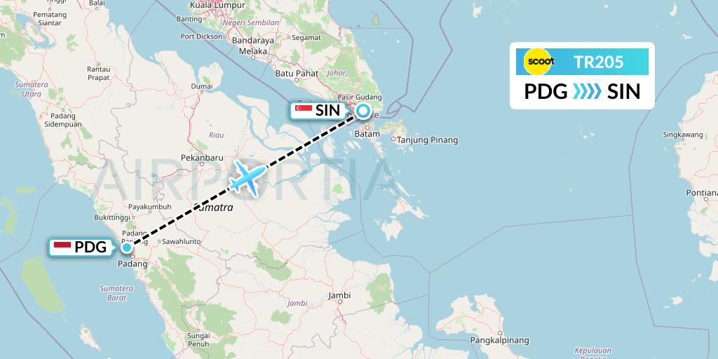 TR205 Tigerair Flight Map: Padang to Singapore
