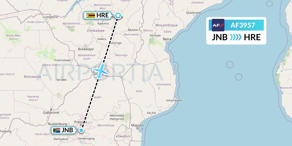 AF3957 Air France Flight Map: Johannesburg to Harare