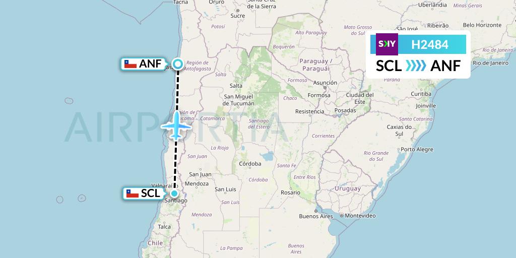 H2484 Sky Airline Flight Map: Santiago to Antofagasta