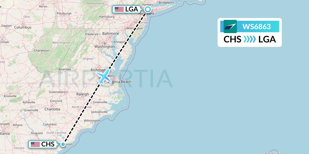 WS6863 WestJet Flight Map: Charleston to New York