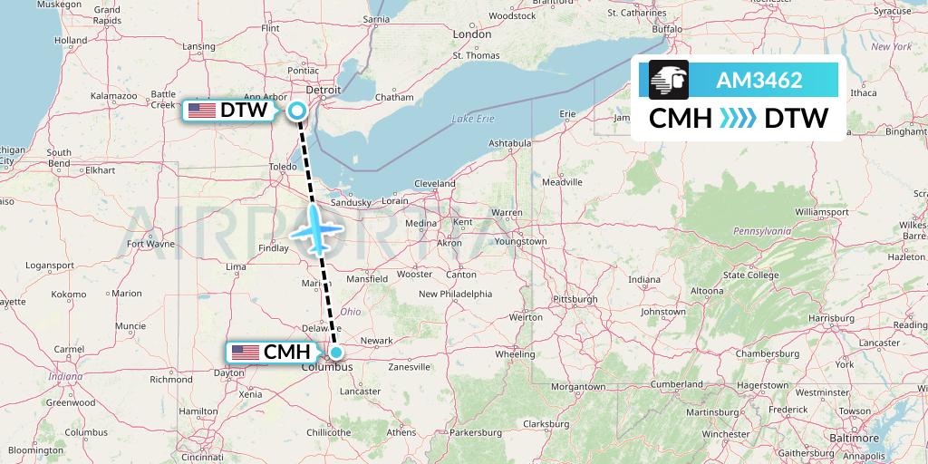 AM3462 Aeromexico Flight Map: Columbus to Detroit