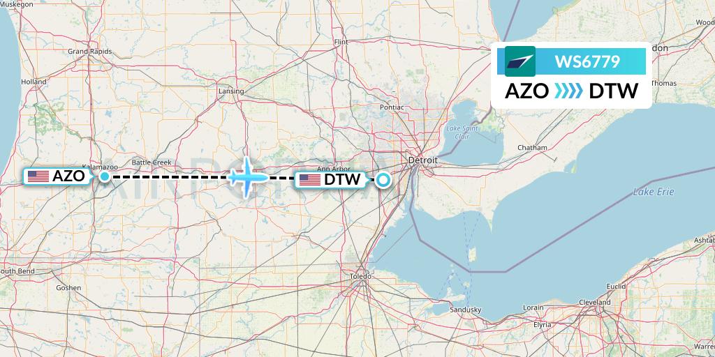 WS6779 WestJet Flight Map: Kalamazoo to Detroit