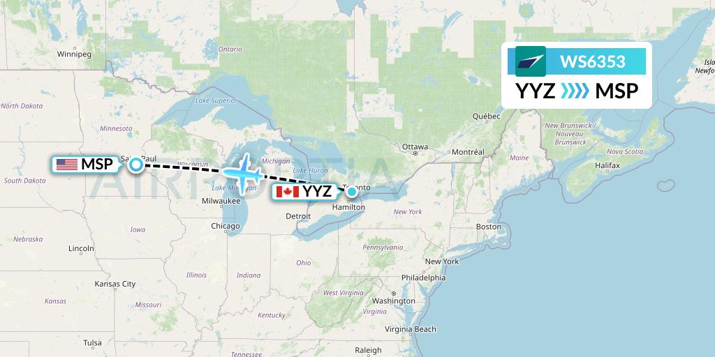 WS6353 WestJet Flight Map: Toronto to Minneapolis