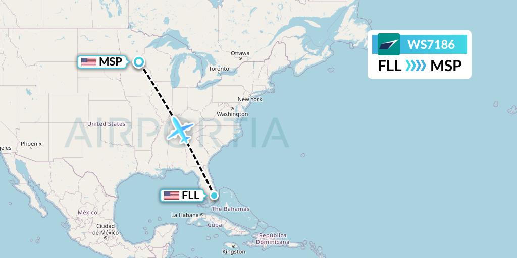 WS7186 WestJet Flight Map: Fort Lauderdale to Minneapolis