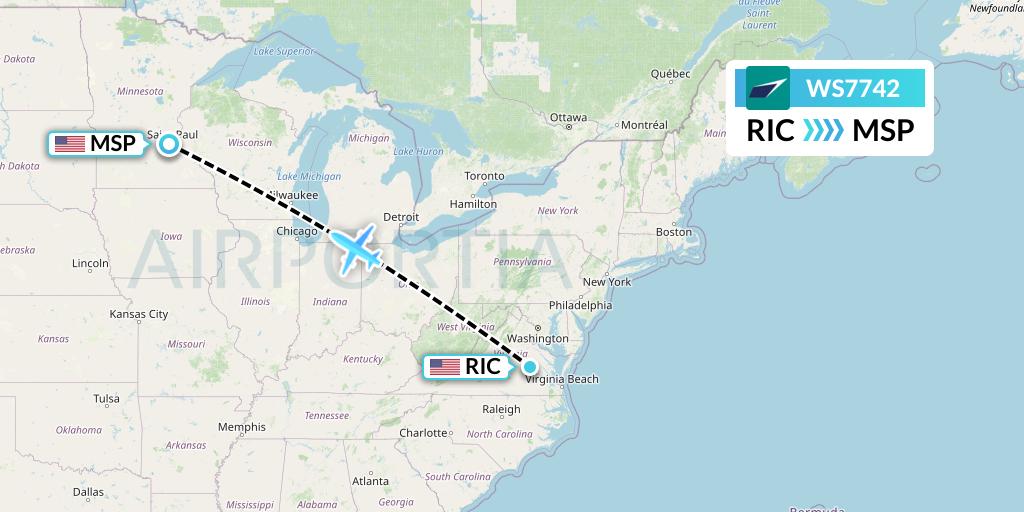 WS7742 WestJet Flight Map: Richmond to Minneapolis
