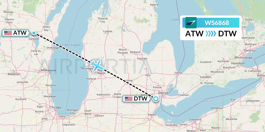 WS6868 WestJet Flight Map: Appleton to Detroit