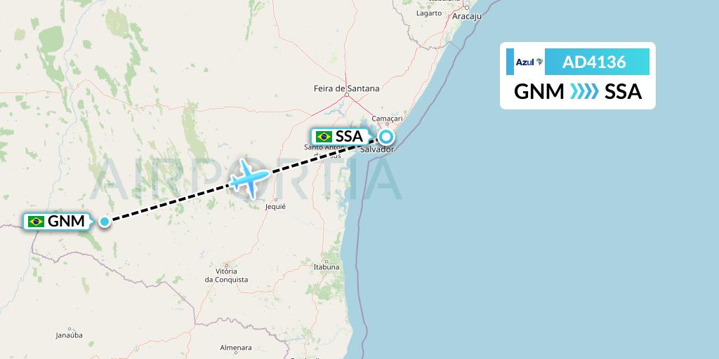 AD4136 Azul Brazilian Airlines Flight Map: Guanambi to Salvador