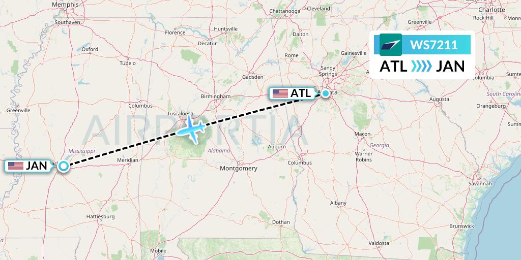 WS7211 WestJet Flight Map: Atlanta to Jackson