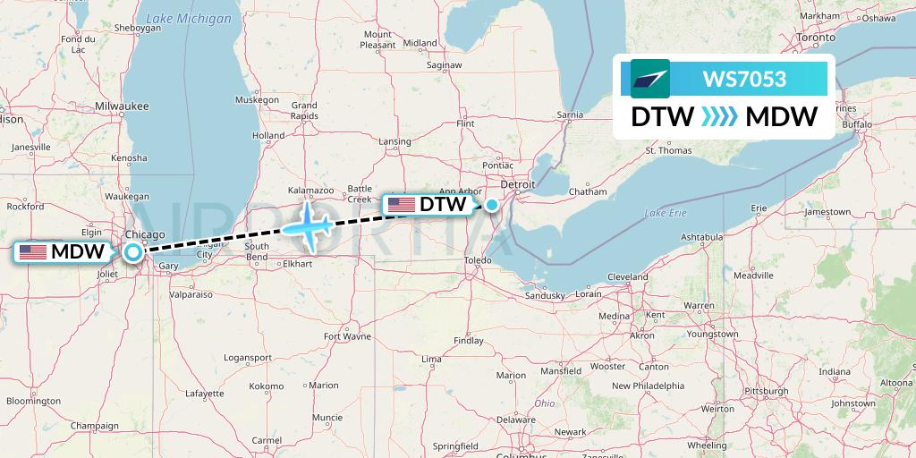 WS7053 WestJet Flight Map: Detroit to Chicago