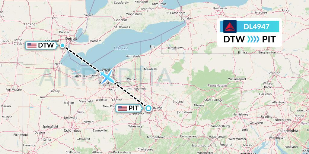 DL4947 Delta Air Lines Flight Map: Detroit to Pittsburgh