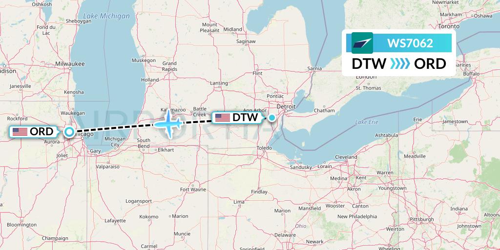 WS7062 WestJet Flight Map: Detroit to Chicago
