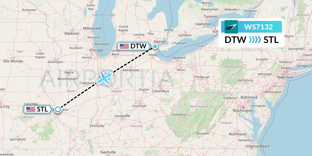 WS7132 WestJet Flight Map: Detroit to St. Louis