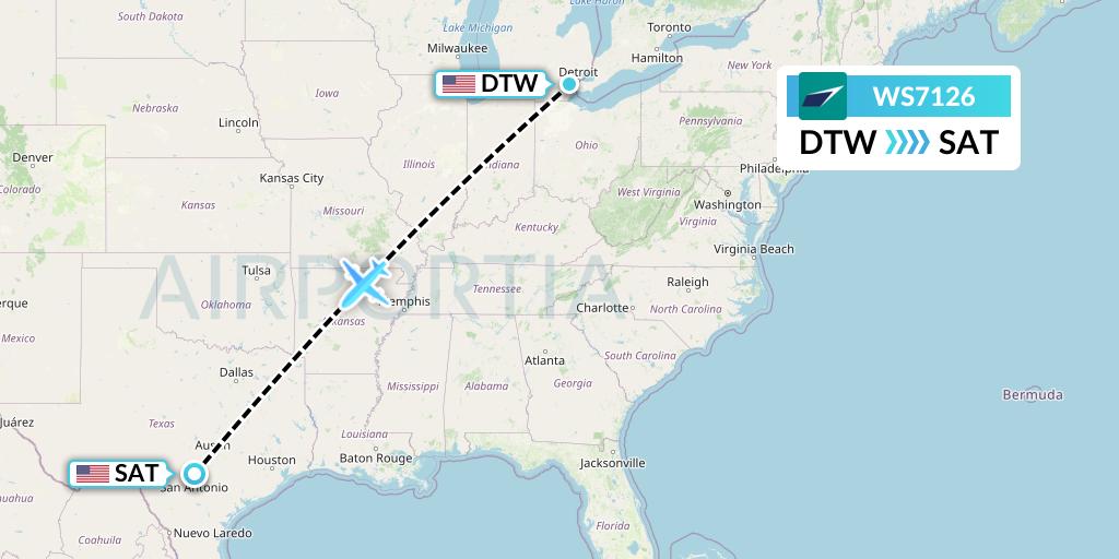 WS7126 WestJet Flight Map: Detroit to San Antonio