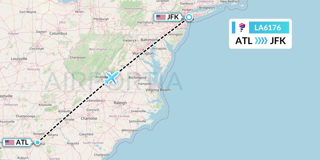 LA6176 LAN Airlines Flight Map: Atlanta to New York