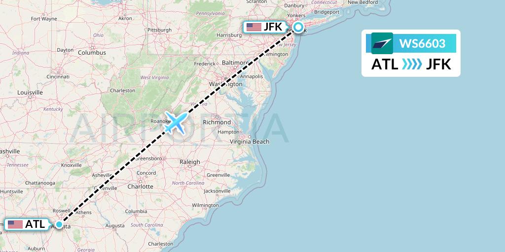 WS6603 WestJet Flight Map: Atlanta to New York