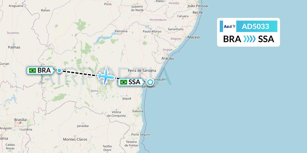 AD5033 Azul Brazilian Airlines Flight Map: Barreiras to Salvador