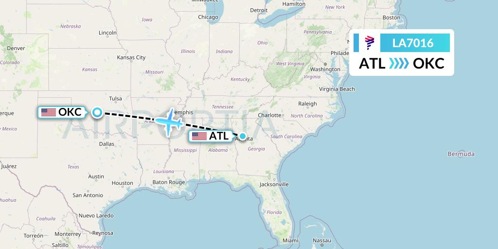 LA7016 LAN Airlines Flight Map: Atlanta to Oklahoma City