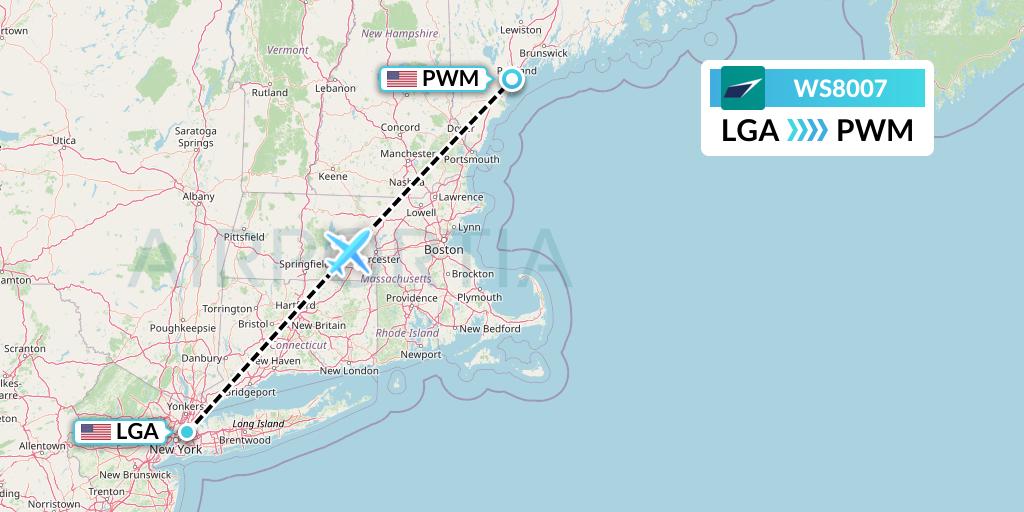 WS8007 WestJet Flight Map: New York to Portland