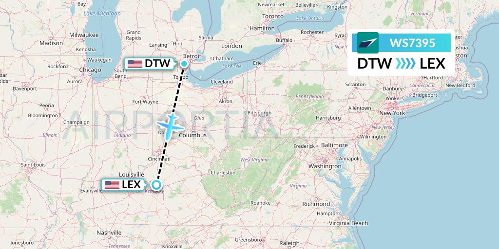 WS7395 WestJet Flight Map: Detroit to Lexington