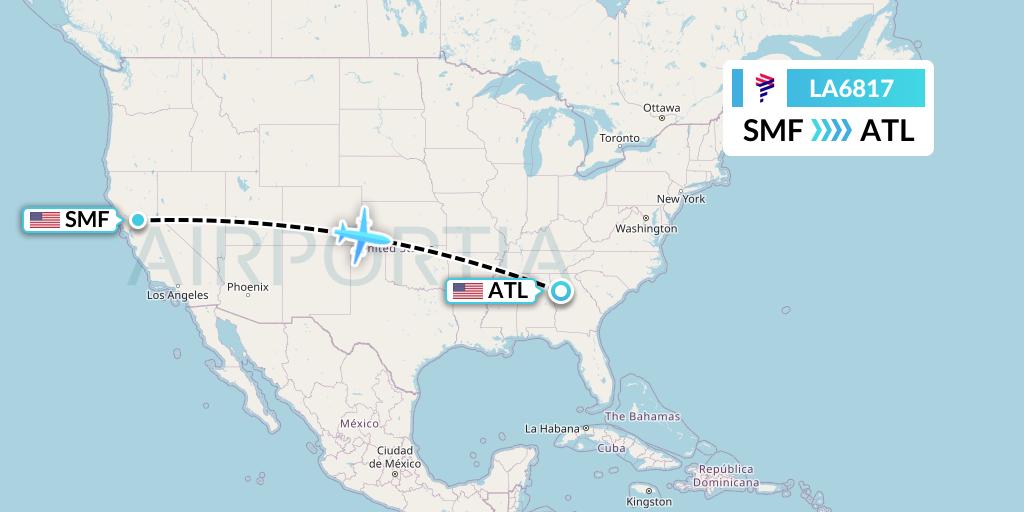 LA6817 LAN Airlines Flight Map: Sacramento to Atlanta