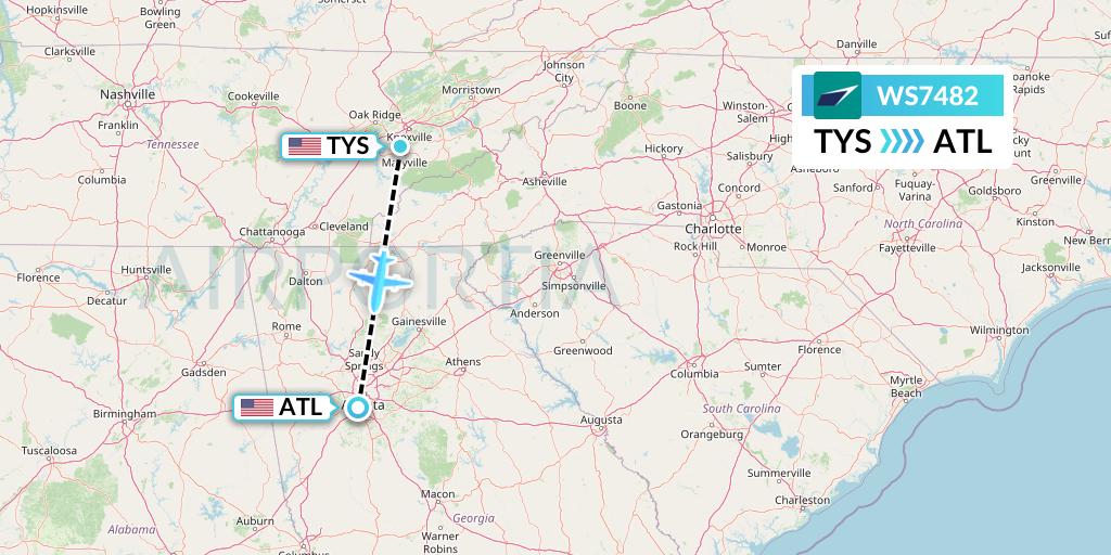 WS7482 WestJet Flight Map: Knoxville to Atlanta