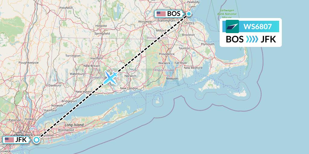 WS6807 WestJet Flight Map: Boston to New York