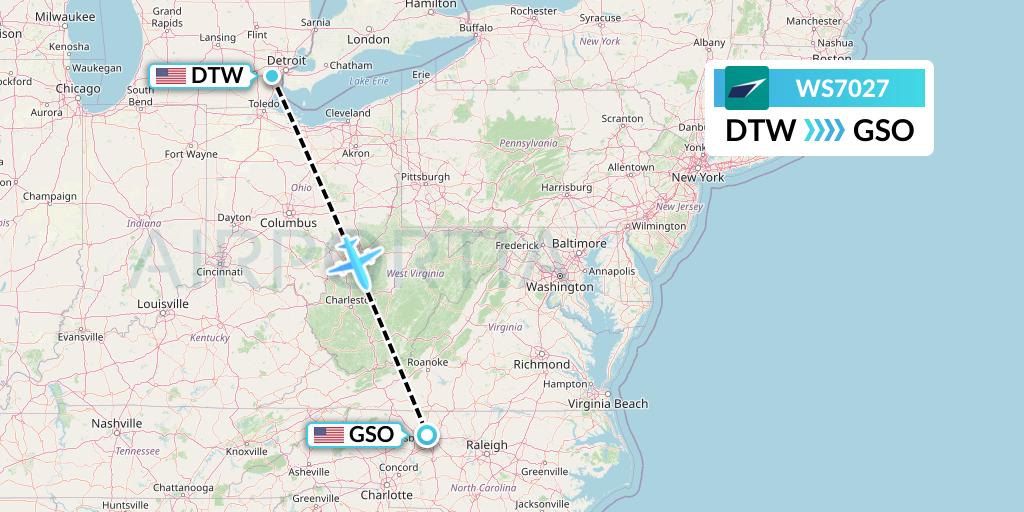 WS7027 WestJet Flight Map: Detroit to Greensboro