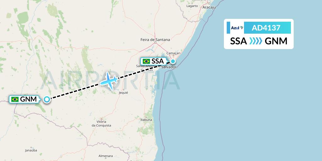 AD4137 Azul Brazilian Airlines Flight Map: Salvador to Guanambi