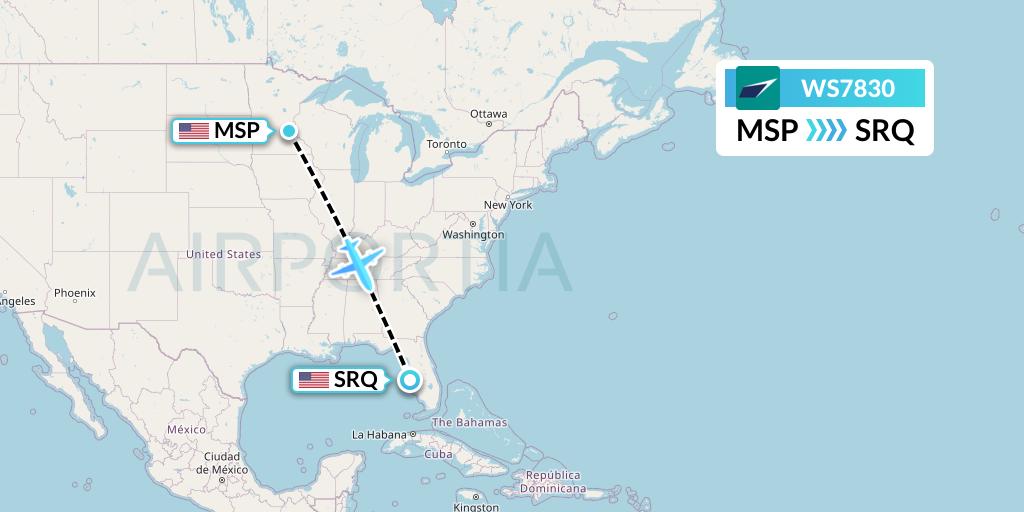 WS7830 WestJet Flight Map: Minneapolis to Sarasota