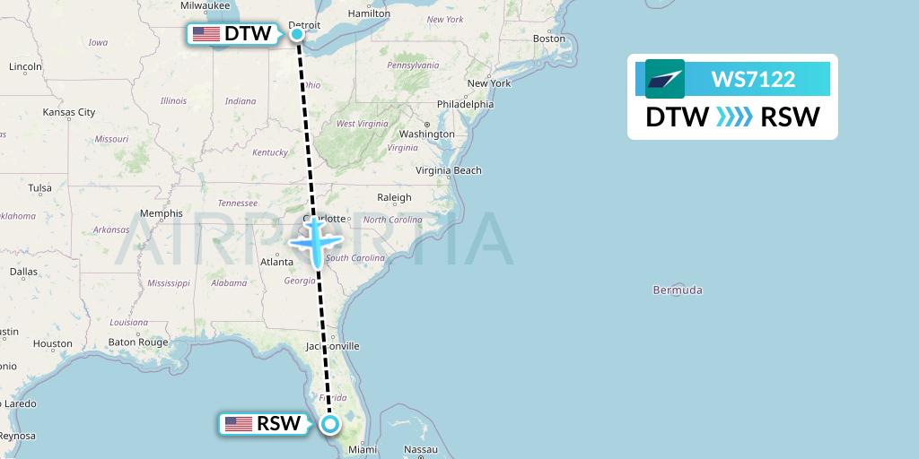 WS7122 WestJet Flight Map: Detroit to Fort Myers