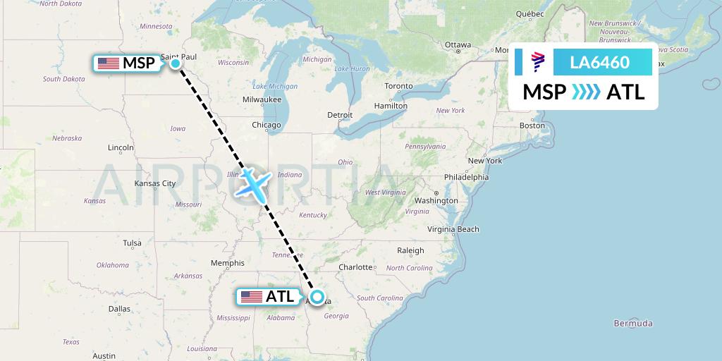 LA6460 LAN Airlines Flight Map: Minneapolis to Atlanta