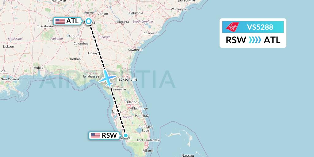 VS5288 Virgin Atlantic Airways Flight Map: Fort Myers to Atlanta