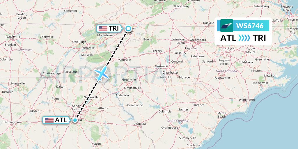 WS6746 WestJet Flight Map: Atlanta to Blountville