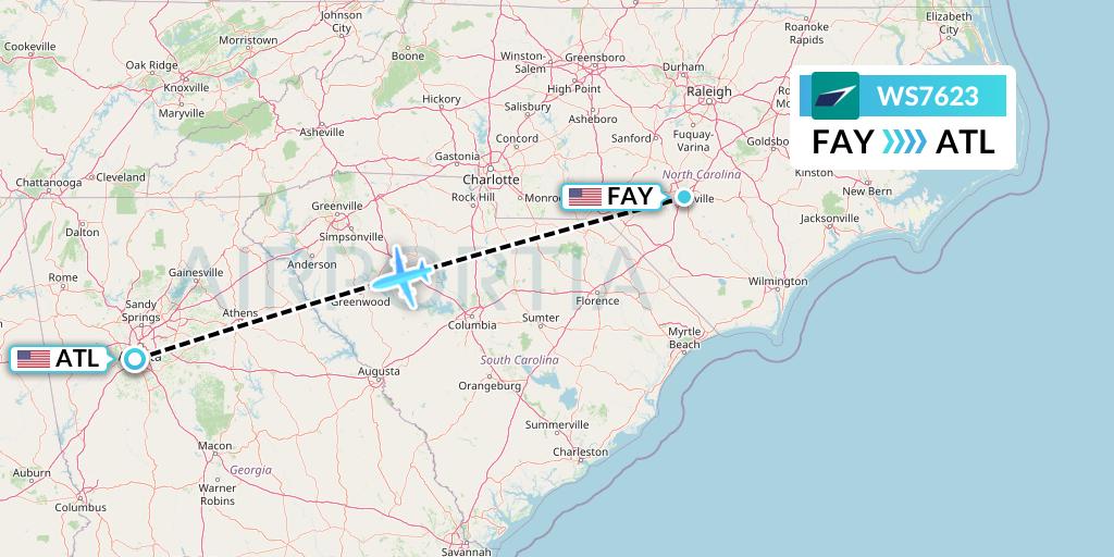 WS7623 WestJet Flight Map: Fayetteville to Atlanta