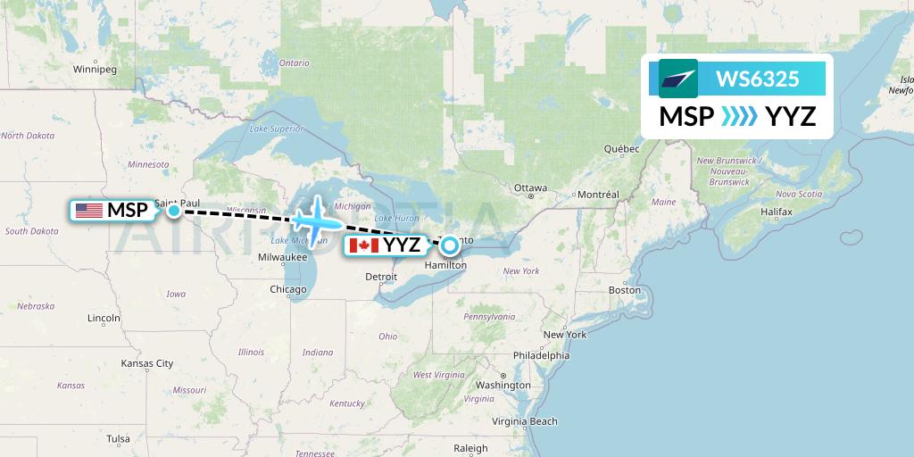 WS6325 WestJet Flight Map: Minneapolis to Toronto