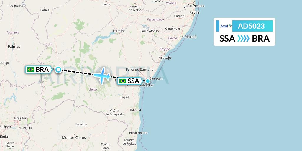 AD5023 Azul Brazilian Airlines Flight Map: Salvador to Barreiras