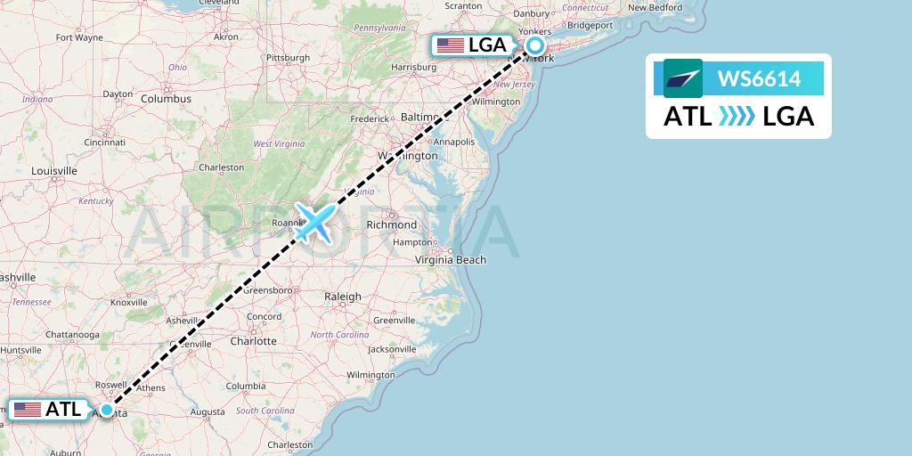 WS6614 WestJet Flight Map: Atlanta to New York