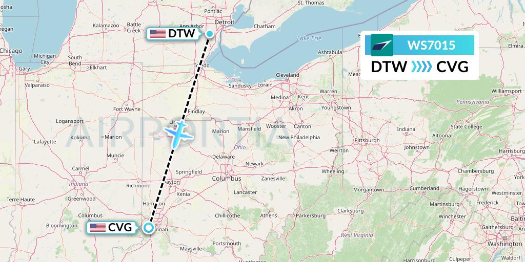 WS7015 WestJet Flight Map: Detroit to Cincinnati