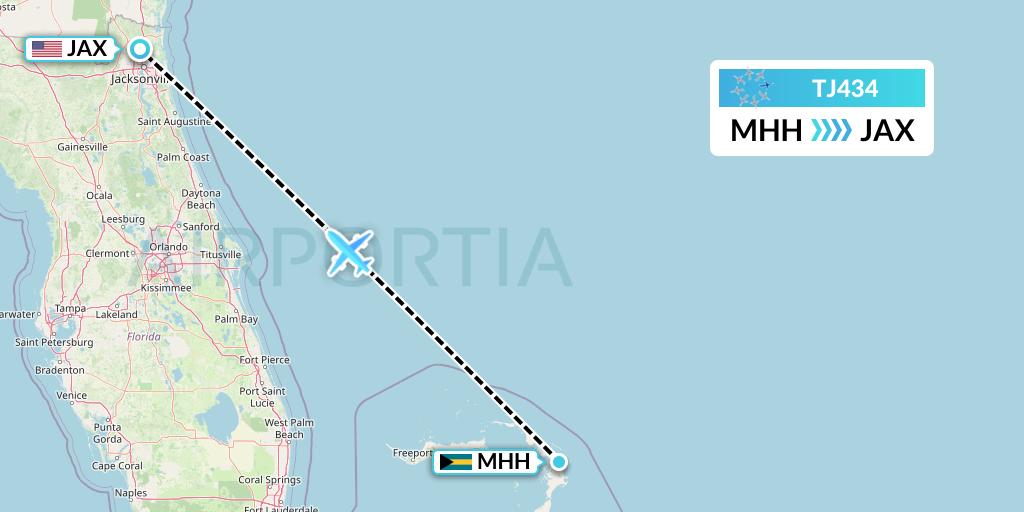 TJ434 Tradewind Aviation Flight Map: Marsh Harbour to Jacksonville