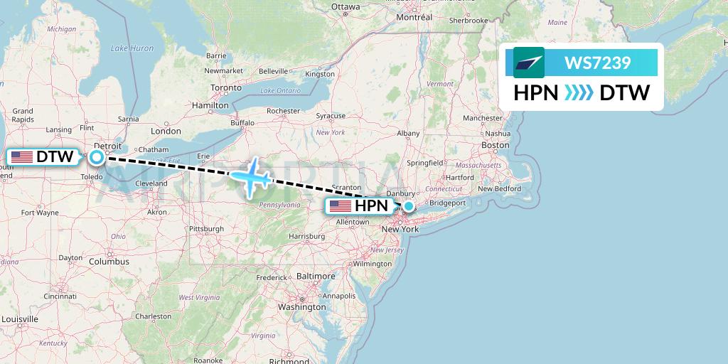 WS7239 WestJet Flight Map: White Plains to Detroit