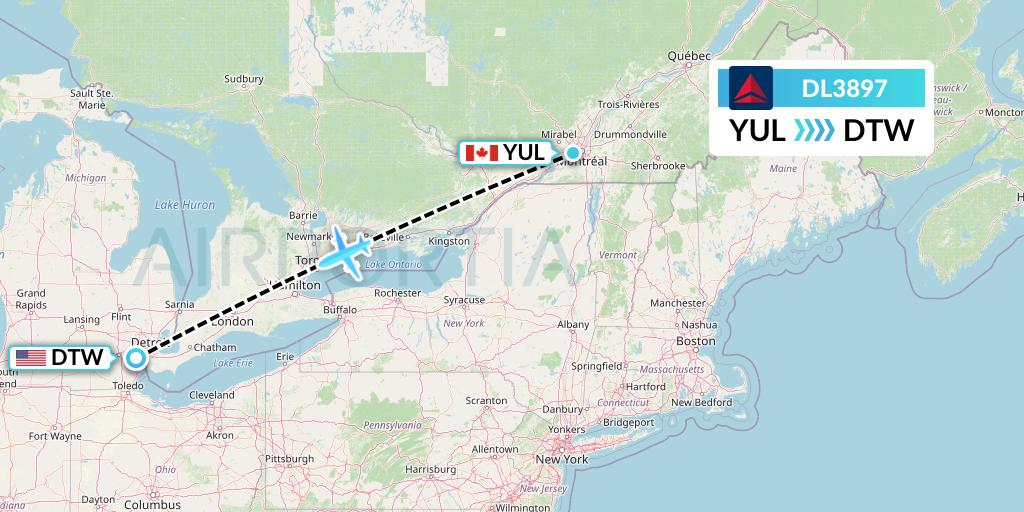 DL3897 Delta Air Lines Flight Map: Montreal to Detroit