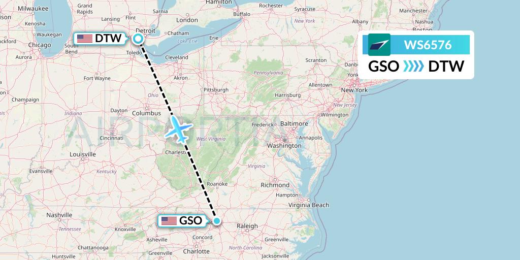WS6576 WestJet Flight Map: Greensboro to Detroit