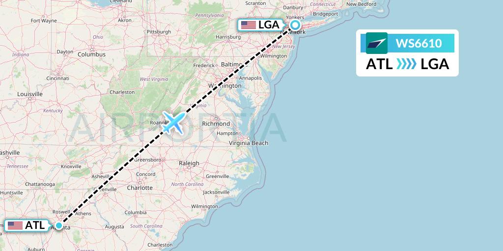 WS6610 WestJet Flight Map: Atlanta to New York