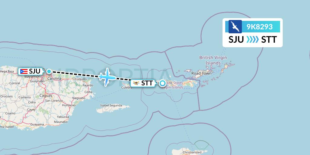 9K8293 Cape Air Flight Map: San Juan to St. Thomas