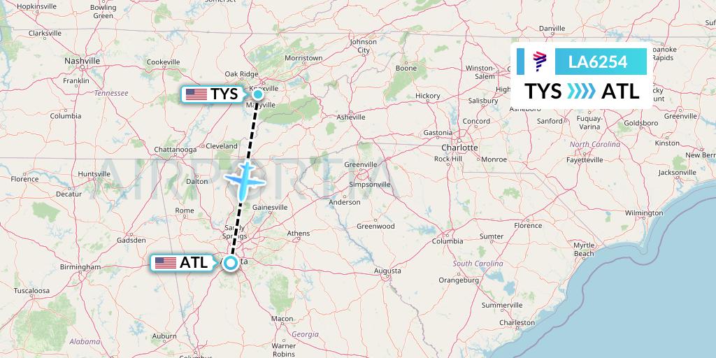 LA6254 LAN Airlines Flight Map: Knoxville to Atlanta