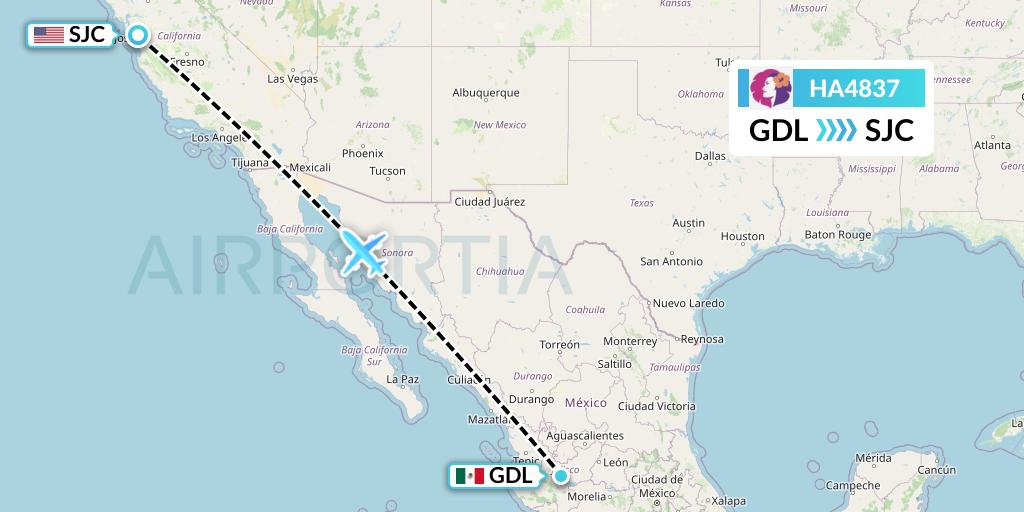 HA4837 Hawaiian Airlines Flight Map: Guadalajara to San Jose