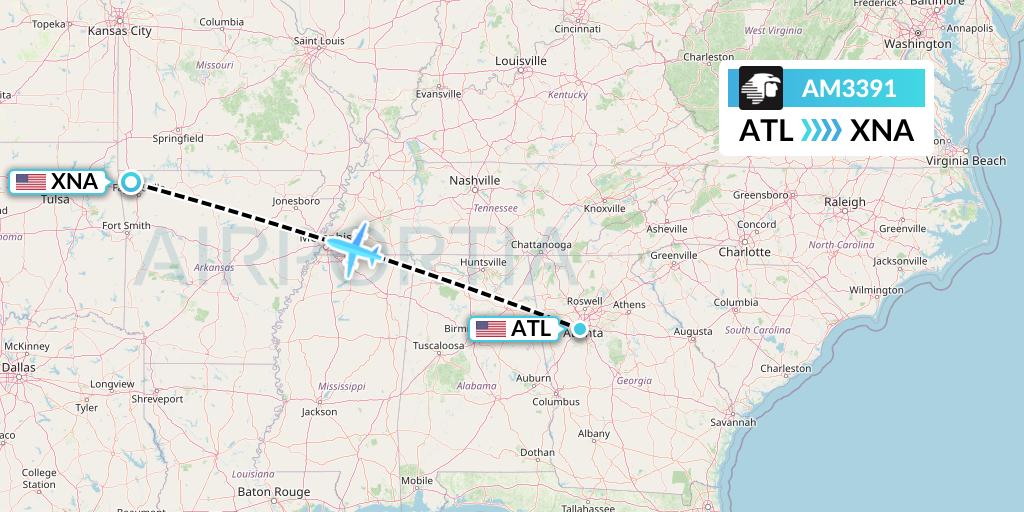 AM3391 Aeromexico Flight Map: Atlanta to Bentonville