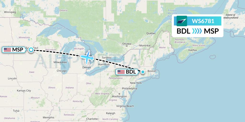 WS6781 WestJet Flight Map: Windsor Locks to Minneapolis