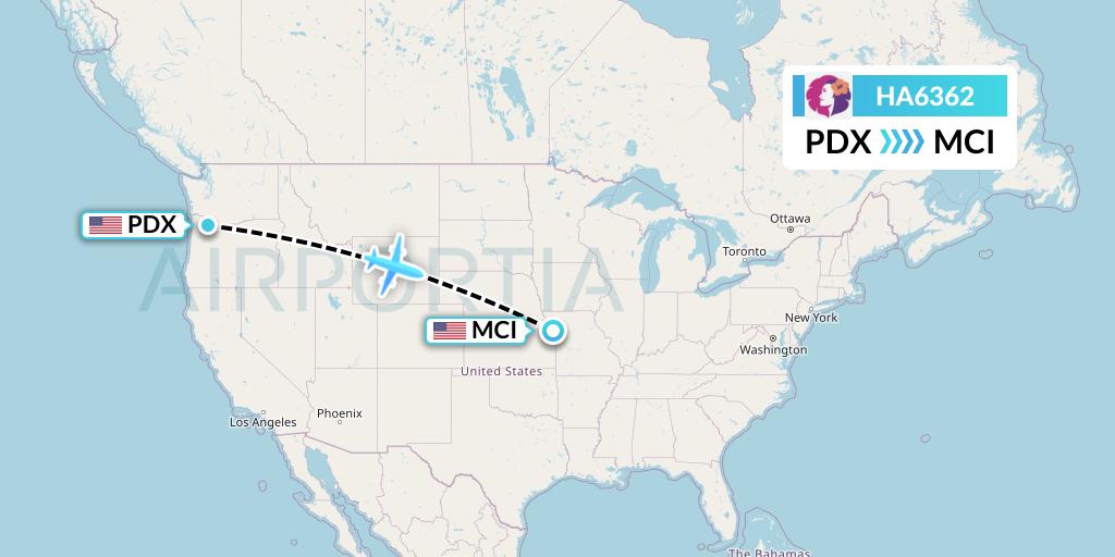 HA6362 Hawaiian Airlines Flight Map: Portland to Kansas City