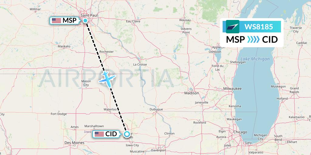 WS8185 WestJet Flight Map: Minneapolis to Cedar Rapids